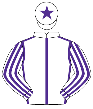 WHITE, purple seams, striped sleeves, purple star on cap