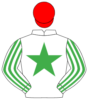 WHITE, emerald green star, striped sleeves, red cap