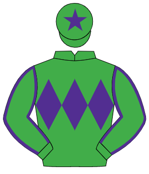 EMERALD GREEN, purple triple diamond, purple seams on sleeves, purple star on cap