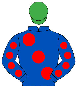ROYAL BLUE, large red spots, red spots on sleeves, emerald green cap