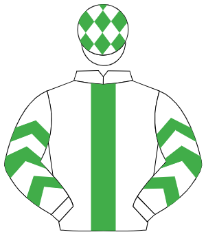 WHITE, emerald green panel, emerald green chevrons on sleeves, white cap, emerald green diamonds