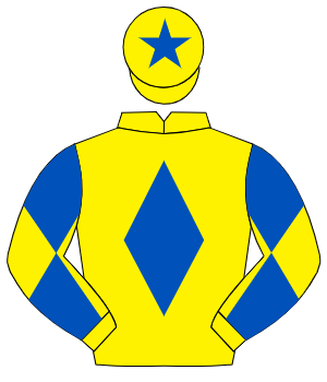 YELLOW, royal blue diamond, diabolo on sleeves, royal blue star on cap