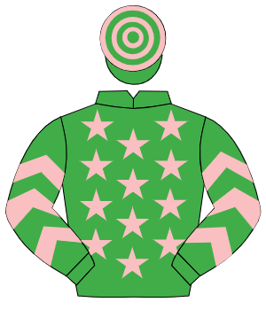 EMERALD GREEN, pink stars, pink chevrons on sleeves, hooped cap