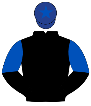 BLACK, royal blue halved sleeves, dark blue cap, royal blue star