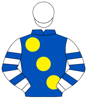 ROYAL BLUE, large yellow spots, white & royal blue hooped sleeves, white cap
