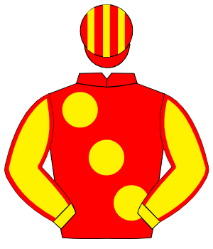 RED, large yellow spots, yellow sleeves, red seams, red & yellow striped cap