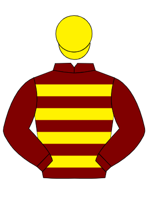MAROON & YELLOW HOOPS, maroon sleeves, yellow cap