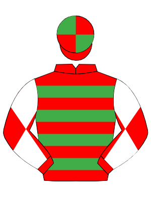 RED & EMERALD GREEN HOOPS, red sleeves, white diabolo, red & emerald green quartered cap