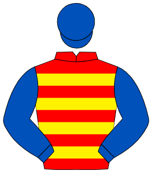 RED & YELLOW HOOPS, royal blue sleeves & cap