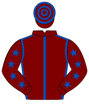 MAROON, royal blue seams, royal blue stars on sleeves, hooped cap
