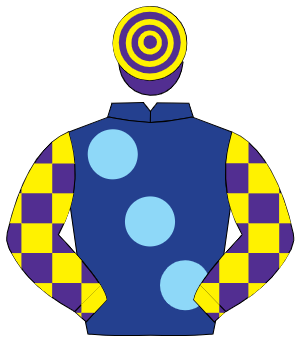 DARK BLUE, large light blue spots, purple & yellow check sleeves, purple & yellow hooped cap
