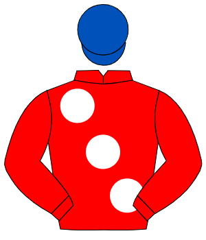 RED, large white spots, royal blue cap