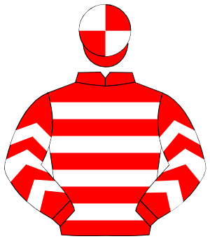 RED & WHITE HOOPS, white chevrons on sleeves, quartered cap