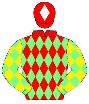 RED & LIGHT GREEN DIAMONDS, light green sleeves, yellow diamonds, red cap, white diamond