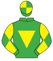 EMERALD GREEN, yellow inverted triangle, diabolo on sleeves, quartered cap                                                                            