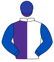 WHITE & PURPLE HALVED, royal blue sleeves, purple & royal blue hooped cap                                                                             