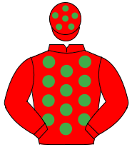 RED, emerald green spots, red sleeves, red cap, emerald green spots                                                                                   