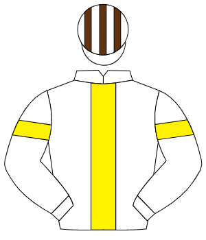 WHITE, yellow panel, white sleeves, yellow armlet, white & brown striped cap                                                                          