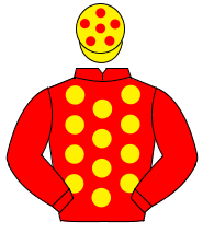 RED, yellow spots, red sleeves, yellow cap, red spots                                                                                                 