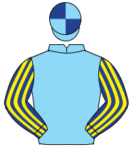 LIGHT BLUE, dark blue & yellow striped sleeves, quartered cap                                                                                         