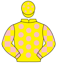 YELLOW, pink spots, check sleeves, pink stars on cap                                                                                                  