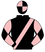 BLACK, pink sash, diabolo on sleeves, quartered cap                                                                                                   