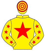 YELLOW, red star, red stars on sleeves, hooped cap                                                                                                    