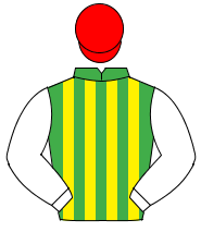 EMERALD GREEN & YELLOW STRIPES, white sleeves, red cap                                                                                                