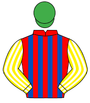 RED & ROYAL BLUE STRIPES, yellow & white striped sleeves, emerald green cap                                                                           