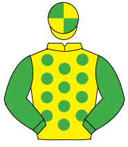 YELLOW, emerald green spots, emerald green sleeves, quartered cap                                                                                     