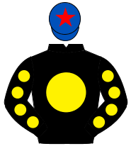 BLACK, yellow disc, yellow spots on sleeves, royal blue cap, red star                                                                                 