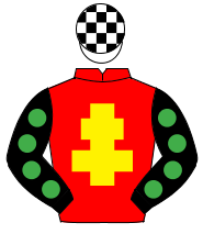 RED, yellow cross of lorraine, black sleeves, emerald green spots, white & black check cap                                                            