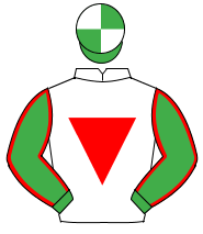 WHITE, red inverted triangle, emerald green sleeves, red seams, emerald green & white quartered cap                                                   