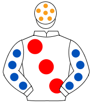 WHITE, large red spots, white sleeves, royal blue spots, white cap, orange spots                                                                      