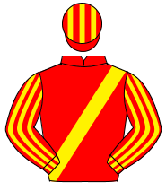 RED, yellow sash, striped sleeves & cap                                                                                                               