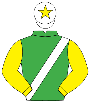 EMERALD GREEN, white sash, yellow sleeves, white cap, yellow star
