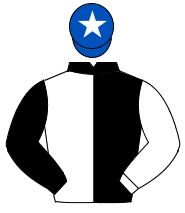 BLACK & WHITE HALVED, sleeves reversed, royal blue cap, white star                                                                                    