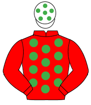 RED, emerald green spots, red sleeves, white cap, emerald green spots                                                                                 