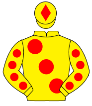 YELLOW, large red spots, red spots on sleeves, red diamond on cap                                                                                     