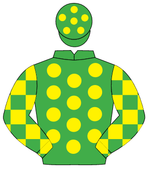 EMERALD GREEN, yellow spots, check sleeves, emerald green cap, yellow spots                                                                           