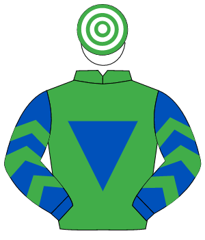 EMERALD GREEN, royal blue inverted triangle, royal blue sleeves, emerald green chevrons, white & emerald green hooped cap