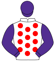 WHITE, red spots, purple sleeves & cap