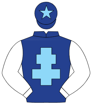 DARK BLUE, light blue cross of lorraine, white sleeves, dark blue cap, light blue star                                                                