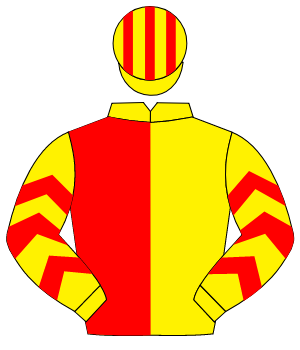 YELLOW & RED HALVED, red chevrons on sleeves, striped cap