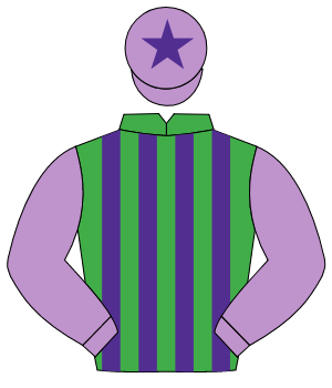 EMERALD GREEN & PURPLE STRIPES, mauve sleeves, mauve cap, purple star                                                                                 