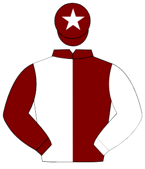 MAROON & WHITE HALVED, sleeves reversed, white star on cap                                                                                            