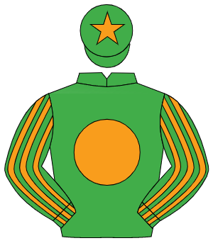 EMERALD GREEN, orange disc, striped sleeves, emerald green cap, orange star                                                                           