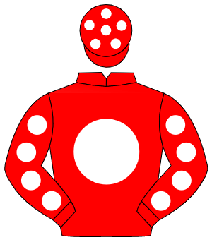 RED, white disc, white spots on sleeves, red cap, white spots