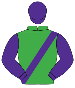 EMERALD GREEN, purple sash & sleeves, purple cap                                                                                                      