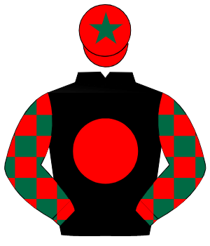 BLACK, red disc, dark green & red check sleeves, red cap, dark green star                                                                             